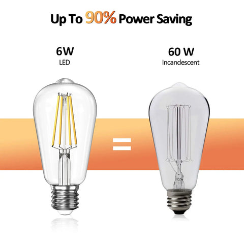 Comparison of 6W LED and 60W incandescent bulbs illustrating savings with Cozy Dimmable E26 LED Edison Bulbs 60W Equivalent.