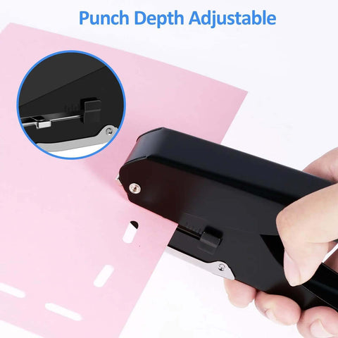 Heavy-Duty Oval Hole Punch, Metal Handheld Slot Puncher For ID Cards And Paper in use on pink paper with adjustable depth