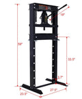 Heavy Duty 20 Ton Hydraulic H Frame Shop Press With Snappy Manual Hand Pump and Adjustable Steel Work Table dimensions 59x23.5 inches.