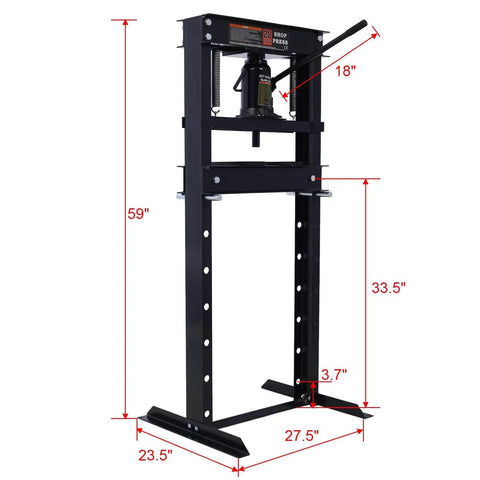 Heavy Duty 20 Ton Hydraulic H Frame Shop Press With Snappy Manual Hand Pump and Adjustable Steel Work Table dimensions 59x23.5 inches.