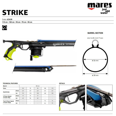 Strike Speargun For Spearfishing With 28mm Barrel, Stainless Steel Release, 6.5mm Shaft, Ergonomic Handle, Horizontal Reel, 115 cm