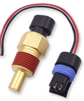 Front view of VEHICODE engine coolant sensor with connector; brass body, red threaded section, cap, red/black wires.