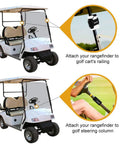 Magnetic Rangefinder Mount Strap attached to golf cart rail and steering column for secure hold on any frame while rolling.