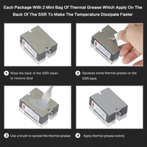 Steps to apply thermal grease on Solid State Relay SSR 25A 3 to 32 VDC Input 24 to 480 VAC Output Single Phase with plastic cover.