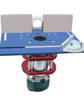 Premium Router Lift Kit With Aluminum Base Plate And Insert Plate For Woodworking showing blue aluminum table with precise measuring scale.