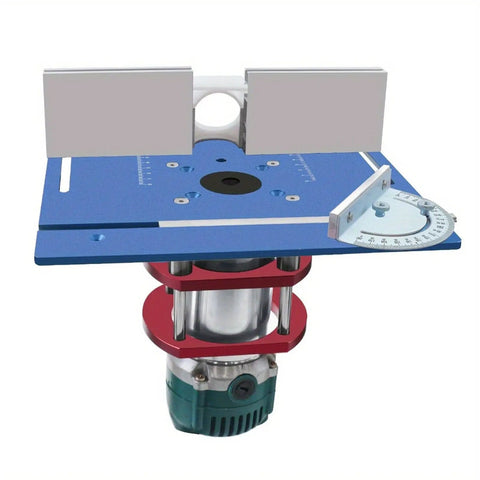 Premium Router Lift Kit With Aluminum Base Plate And Insert Plate For Woodworking showing blue aluminum table with precise measuring scale.