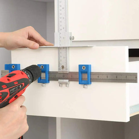 Heavy Duty Aluminum Cabinet Hardware Jig And Precision Drill Guide Sleeve For Dead On Drawer Pull Alignment and Hassle Free Cabinet Door Knob Installation No Sweat with drill in hand.