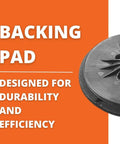 Six Inch Hard Density Backing Pad With Hook And Loop Attachment For Precision Sanding Perforated Dust Extraction Pro Grade Universal Five Sixteenths By Twenty Four UNF Thread Ideal For Pros And DIY, showing a close-up on an orange background with text 'BACKING PAD'