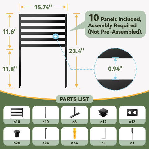 Diagram showing parts list for Metal Outdoor Privacy Screen 46.4 Inch High By 47.3 Inch Wide 10-Panel Freestanding Fence with Stakes