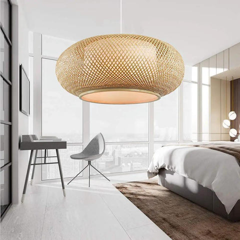 Vintage Bamboo Woven Pendant Chandelier With Birdcage Shade And Wicker Light Fixture in modern bedroom setting
