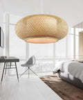 Vintage Bamboo Woven Pendant Light With Birdcage Shade, Cozy Rustic Farmhouse Chandelier For Dining Room And Living Space, Beige 23.62 Inch Wide Wicker Ceiling Fixture, 1 Light hanging in a bedroom.