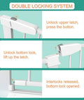 Double locking system of Wide Or Narrow Baby Gate Walk Through Pressure Mounted With Extensions For Openings 25.59 To 84.64 Inches Kid Safe Easy Install Gate For Stairs Hallways And Doorways Pet Friendly, showcasing upper and bottom latches.