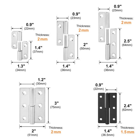 Diagram showing dimensions for stainless steel detachable lift off hinge set 270 degree black for kitchen cabinets, 2 pack.