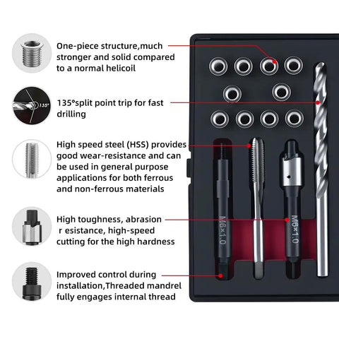 Metric M6X1.0 Thread Repair Kit With Stainless Steel Inserts, HSS Drill, Tap, Installation Driver, Counterbore in EVA Box
