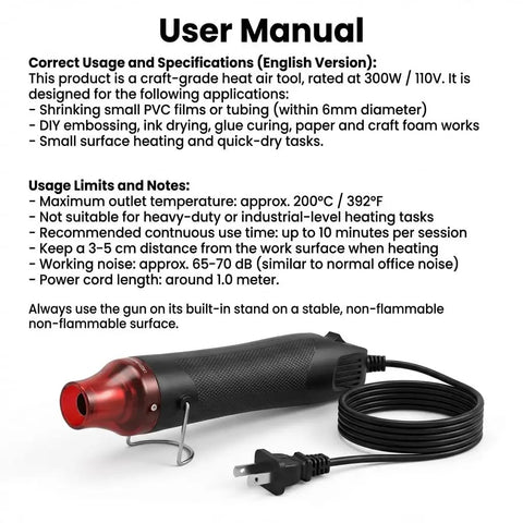 Mini Heat Gun 300W Portable Hot Air Tool For Crafts And DIY Projects with user manual and stand, showing specifications.