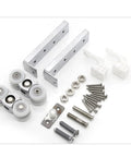 No Stress Stainless Steel Casters With Slick Bearing Rollers Retractable Four Wheel Sliding Door Pulley Kit components, including rollers and hardware.