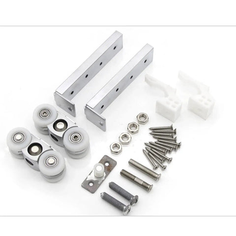 No Stress Stainless Steel Casters With Slick Bearing Rollers Retractable Four Wheel Sliding Door Pulley Kit components, including rollers and hardware.