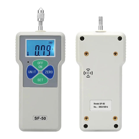 Handheld Portable Push And Pull Tester Meter Digital Force Gauge 50N 5kg 11Lb High Sensitivity Sensor Fast Readouts Long Battery Life With 3.7V Battery Low Battery Alert Safe Durable Tension And Compression Tester front and back view, SF-50