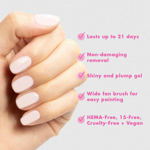 Close-up of manicured hand using Gel Nail Starter Kit With Peel-Off Base Coat, Gel Base Coat, Gel Top Coat, Pro LED Lamp, Nail Tools, And Easy 5-Step At-Home Manicure Routine, 15-Free, Vegan, Cruelty-Free, Salon-Quality Results