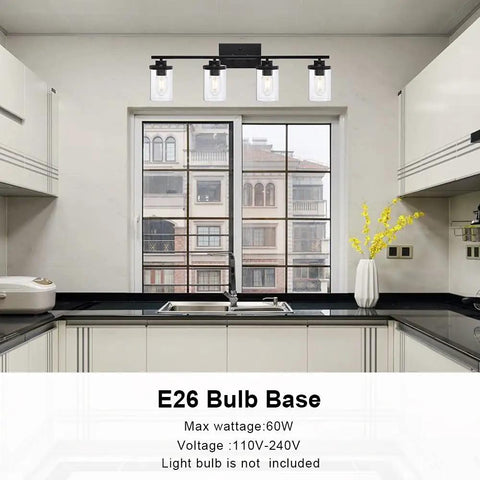 4 Light Vanity Fixtures Over Mirror in Matte Black With Clear Cylinder Glass Industrial Farmhouse Wall Sconces for Bathroom and Kitchen Dope Modern Lighting Bulbs Not Included shown in modern kitchen setting