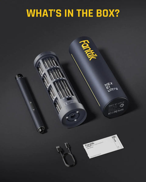 Slick Electric Screwdriver Set With Push To Release Trigger And RevoStor Magnetic Rotation Compact Precision Driver Kit For Straight Up Effortless Tech Jobs parts and components displayed in packaging.