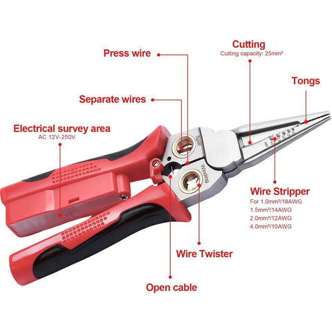 Close-up of 8-In-1 Wire Stripping Pliers With Voltage Tester For Live And Neutral Wires 12-250V, showing labeled functions.