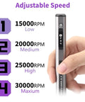 Hand holding Mini Engraving Pen Cordless Portable Tool For Artists And DIYers With 30,000 RPM Four Speed Adjustable Motor display