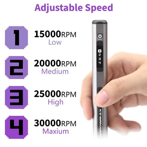 Hand holding Mini Engraving Pen Cordless Portable Tool For Artists And DIYers With 30,000 RPM Four Speed Adjustable Motor display