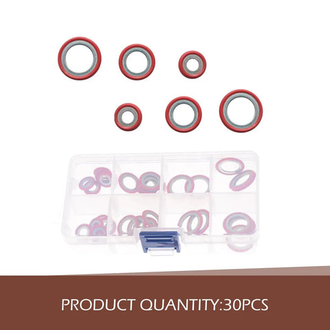Group of red rubber seals in a storage case from Shop Grade 30 Piece Car Air Conditioning Gasket And Seal Assortment Set 3 Sizes Compressor Port O Rings For Repair.