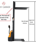 Straight Up Heavy Duty Full Electric Walkie Pallet Stacker With 118 Inch Lift And 2640 Lbs Capacity showcasing max lift height and dimensions.
