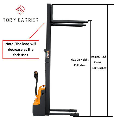 Straight Up Heavy Duty Full Electric Walkie Pallet Stacker With 118 Inch Lift And 2640 Lbs Capacity showcasing max lift height and dimensions.