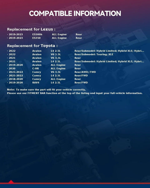 Compatibility chart for Lexus and Toyota models, detailing years, engines, and hub bearing fitment details for Camry, RAV4, Avalon.