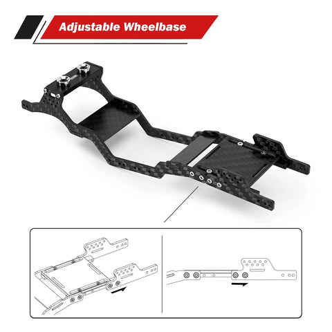 Universal Carbon Fiber LCG Chassis Kit for 1/24 Axial SCX24 with adjustable wheelbase and magnetic mount, shown in black.
