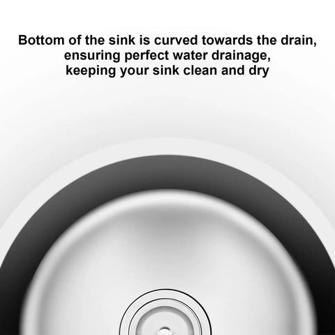 Mini Round Stainless Steel Kitchen Sink Bar Basin With Drainpipe Fitting, curved bottom view for fast water draining.