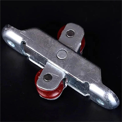 Smooth As Butter Heavy Duty Sliding Door Rollers And Pulley System, double wheel cart with red wheels, metal durability.