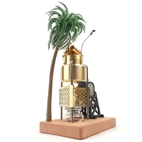 Mini Three Legged Vertical Swing Steam Engine Kit With Boiler And Power Generating Units, brass model on wooden base