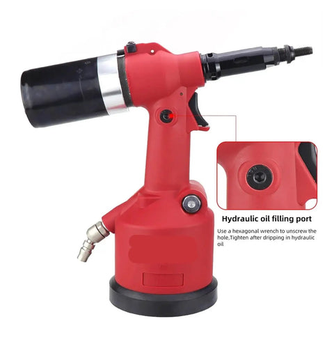 Rivet Nut Gun Kit Set Hydraulic Pneumatic Riveter For M3 To M12 Automatic Rivnut Tool, red body detail, oil filling port close-up