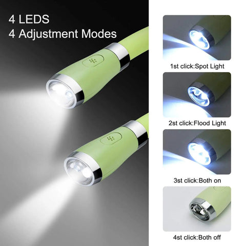 LED Neck Book Light With USB C Rechargeable Battery Hands Free Reading Light showing four super bright LEDs and modes