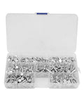 Open box showing Rivet Hammer And Aluminum Flat Rivets Kit, 350 Piece Assortment, 18x10x2mm Rivets, Rustproof Aluminum for projects.