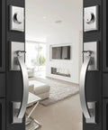Heavy Duty Front Door Handle Set With Double Door Lock Satin Nickel Finish installed on double doors in a modern living room