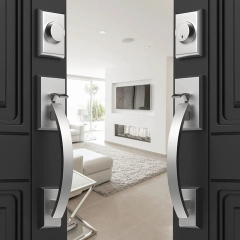 Heavy Duty Front Door Handle Set With Double Door Lock Satin Nickel Finish installed on double doors in a modern living room