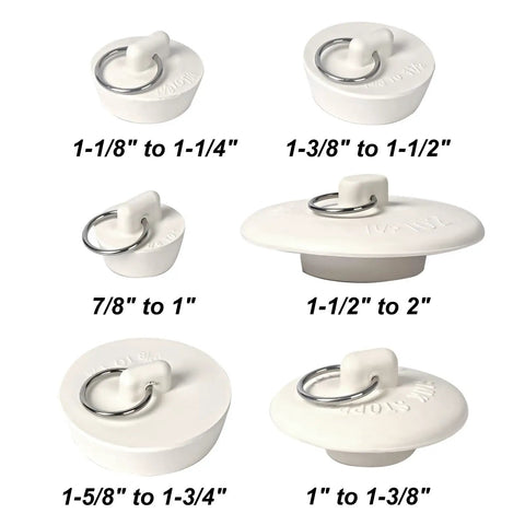 Six Size Rubber Sink Stoppers With Pull Ring Universal Fit Drain Plugs Fits Kitchen Bath Laundry Tub in various sizes.