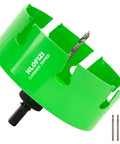 HLOFIZI 6-1/8 in carbide-tipped hole saw with arbor; green, for drywall/plaster/wood; includes two bits.