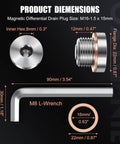 Magnetic Front Differential Oil Fill And Drain Plugs Set Stainless Steel 2 Pack dimensions and components with wrench