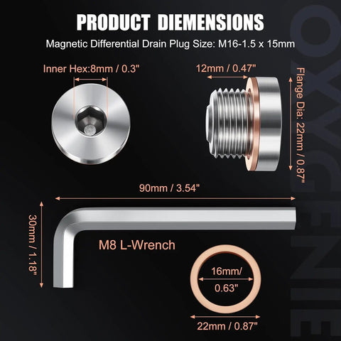 Magnetic Front Differential Oil Fill And Drain Plugs Set Stainless Steel 2 Pack dimensions and components with wrench