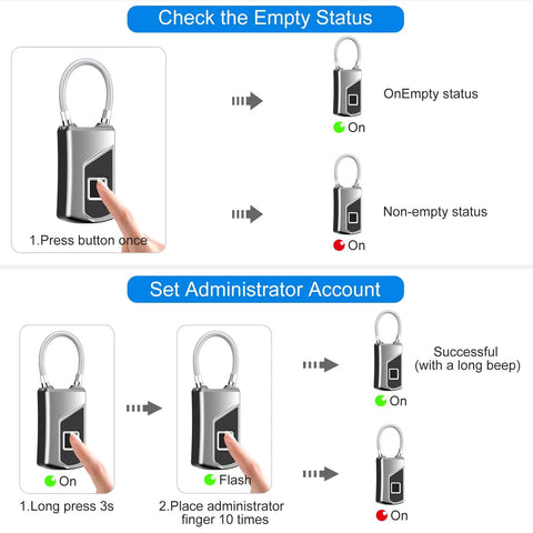 Instructional steps for Keyless Fingerprint Padlock With Key Backup Waterproof Smart Lock For Gym Bags Luggage Backpack Bike And Office