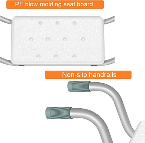 Heavy Duty Bath Bench And Adjustable Aluminum Shower Stool For Tubs Fits 23 To 29 Inch Opening Plastic Bath Seat For Seniors Non Slip Elderly Bath Chair Up To 260 Lb Weight Capacity showing PE blow molding seat board and non-slip handrails