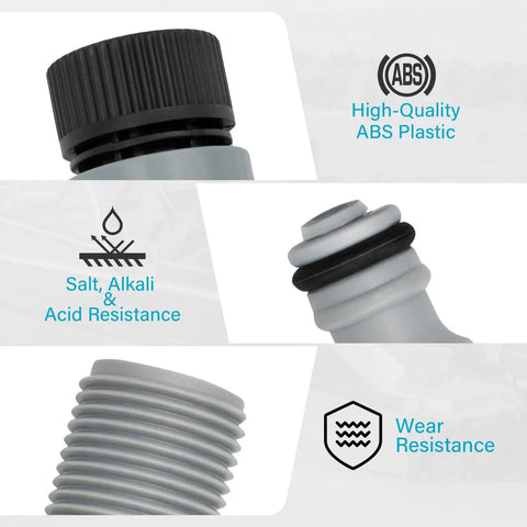 Outboard Engine Flush Kit With Quick Connect Hose Adapter features ABS plastic, acid resistance, and wear resistance details