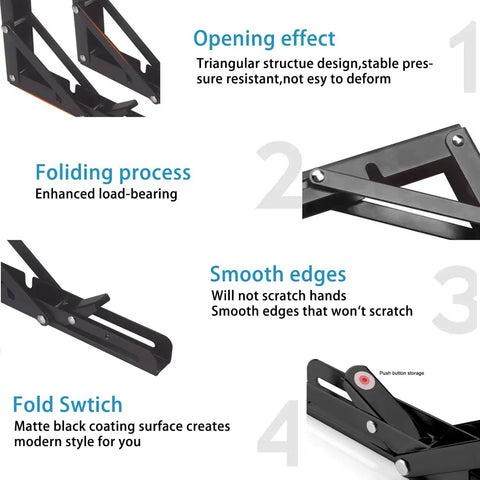 Heavy Duty Folding Shelf Bracket Six Inch Wall Mounted Collapsible Workbench Support showing smooth edges and folding process.