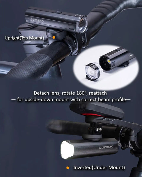 Ultra Bright Front Bike Light For Night Riding 1500 Lumens Rechargeable Bicycle Headlight with top and bottom mounting on handlebars.